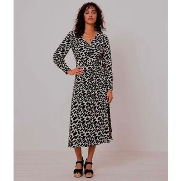 Talbots 12 Petite Animal Print Midi Dress Black Dalmatian Dot Elevated Casual - Picture 1 of 9